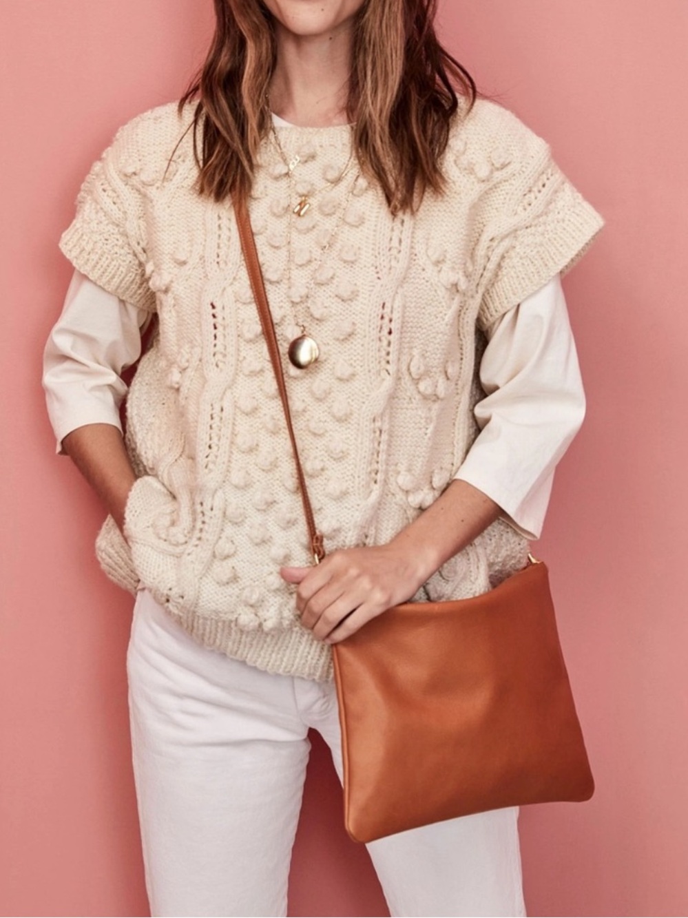 Clare V. Bag Sac Bretelle Leather Zip Pouch Crossbody Chic Tan Medium